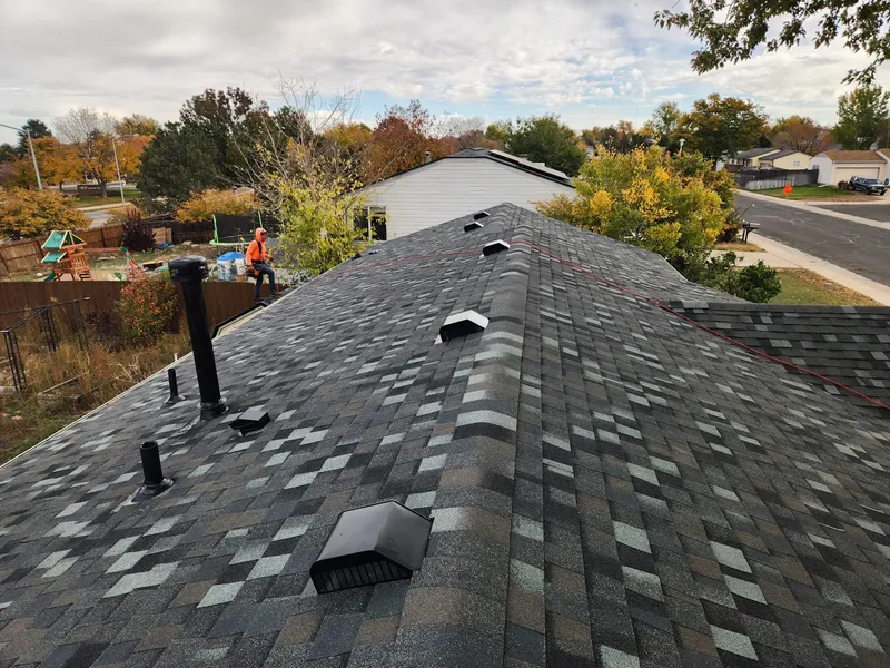 New architectural shingle roof, close roofline view