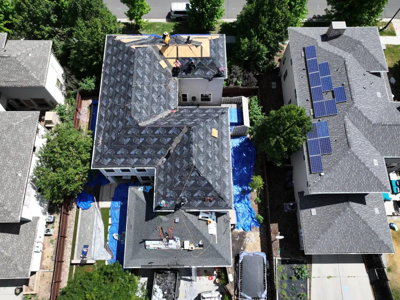 Aerial view of a finished roof replacement